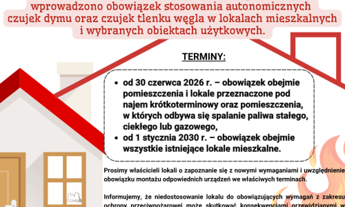 Informujemy, że na podstawie Rozporządzenia Ministra Spraw Wewnętrznych i Administracji  z dnia 21 listopada 2024 r. (Dz.U. 2024 poz. 1716)  wprowadzono obowiązek stosowania autonomicznych  czujek dymu oraz czujek tlenku węgla w lokalach mieszkalnych  i wybranych obiektach użytkowych.