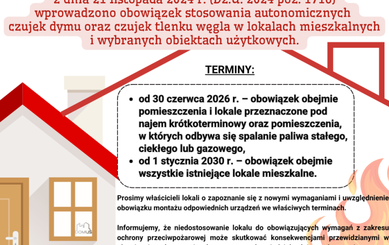 Informujemy, że na podstawie Rozporządzenia Ministra Spraw Wewnętrznych i Administracji  z dnia 21 listopada 2024 r. (Dz.U. 2024 poz. 1716)  wprowadzono obowiązek stosowania autonomicznych  czujek dymu oraz czujek tlenku węgla w lokalach mieszkalnych  i wybranych obiektach użytkowych.